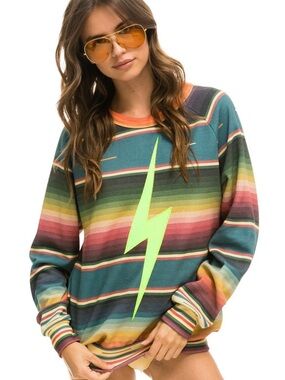 Aviator Nation Striped Multicolor Lightning Bolt Pullover Sweatshirt